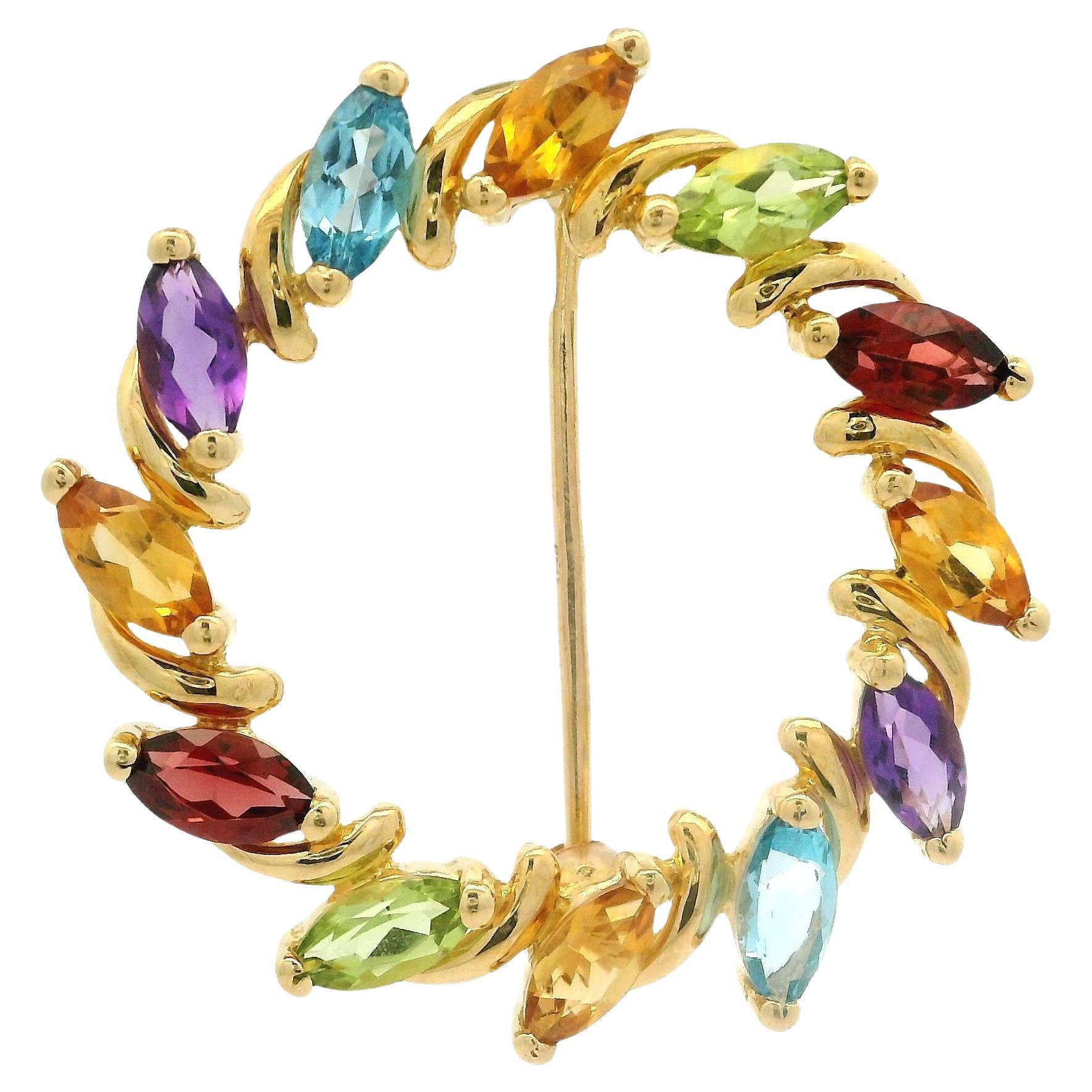 18k Gelb Gold Marquise natürlichen Multi Farbe Edelsteine Kreis Kranz Pin Brosche im Angebot