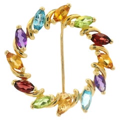 Broche de oro amarillo de 18 quilates Marquesa de piedras preciosas naturales multicolor Círculo Corona de flores