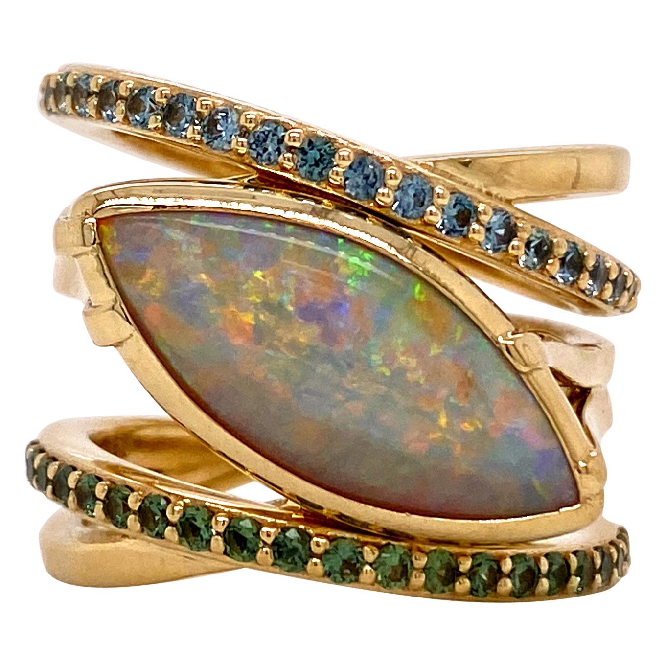 18 Karat Yellow Gold Marquise Opal Wrap Ring with Blue and Green Sapphires
