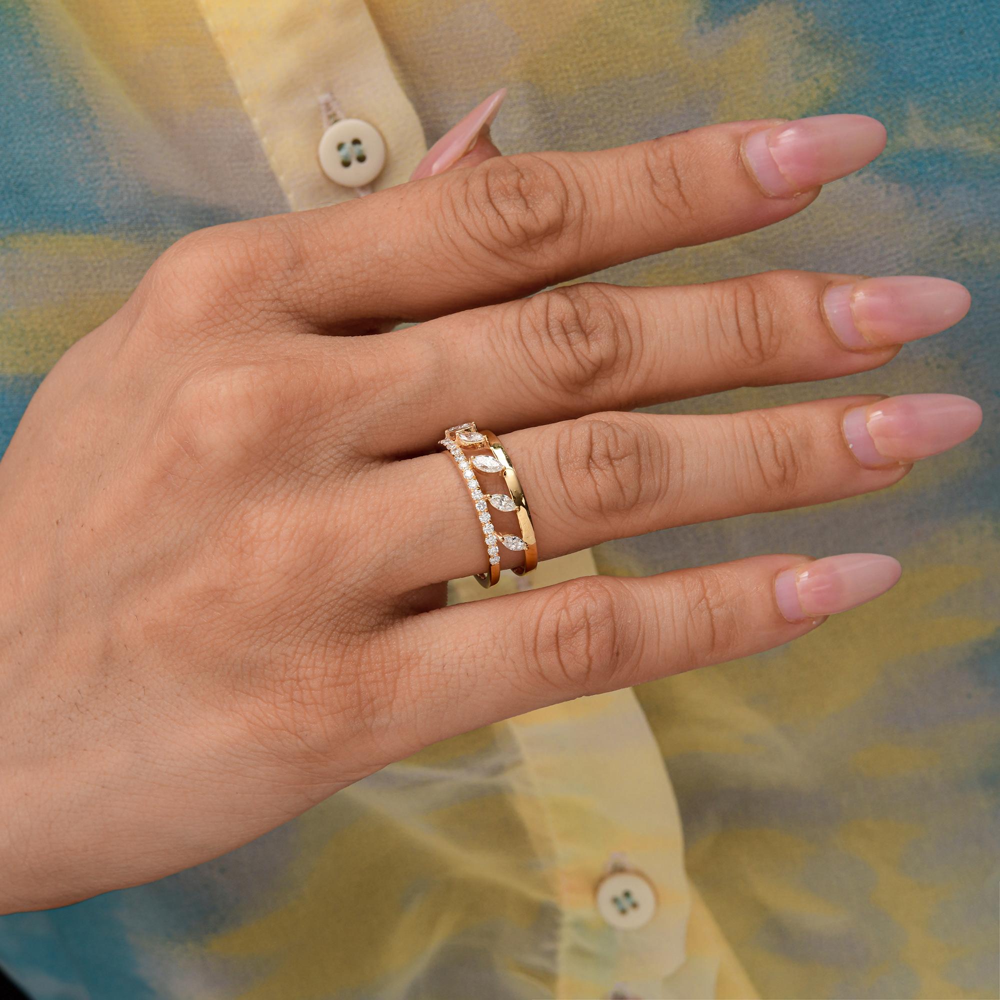 En venta: Alianza de oro amarillo de 18 quilates con doble banda de diamantes marquesa redonda pavé  2