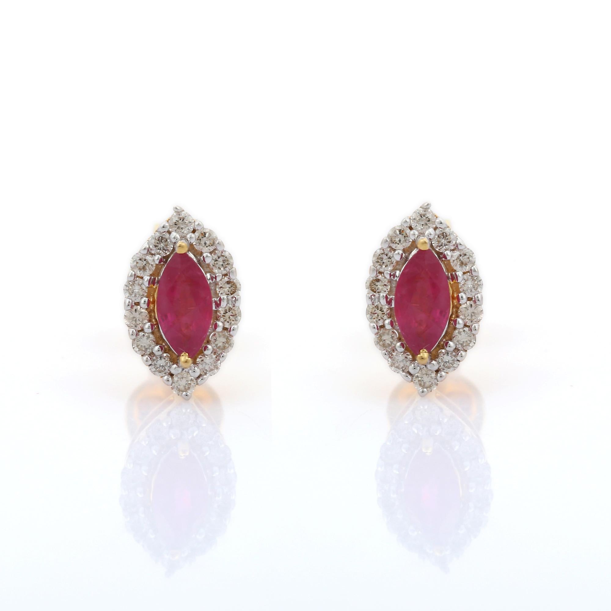 Studs create a subtle beauty while showcasing the colors of the natural precious gemstones and illuminating diamonds making a statement.
Marquise Cut Ruby Stud Earrings with Diamonds in 18K gold. Embrace your look with these stunning pair of