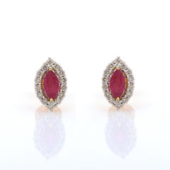 18K Yellow Gold Marquise Ruby Gemstone and Halo Diamond Stud Earrings