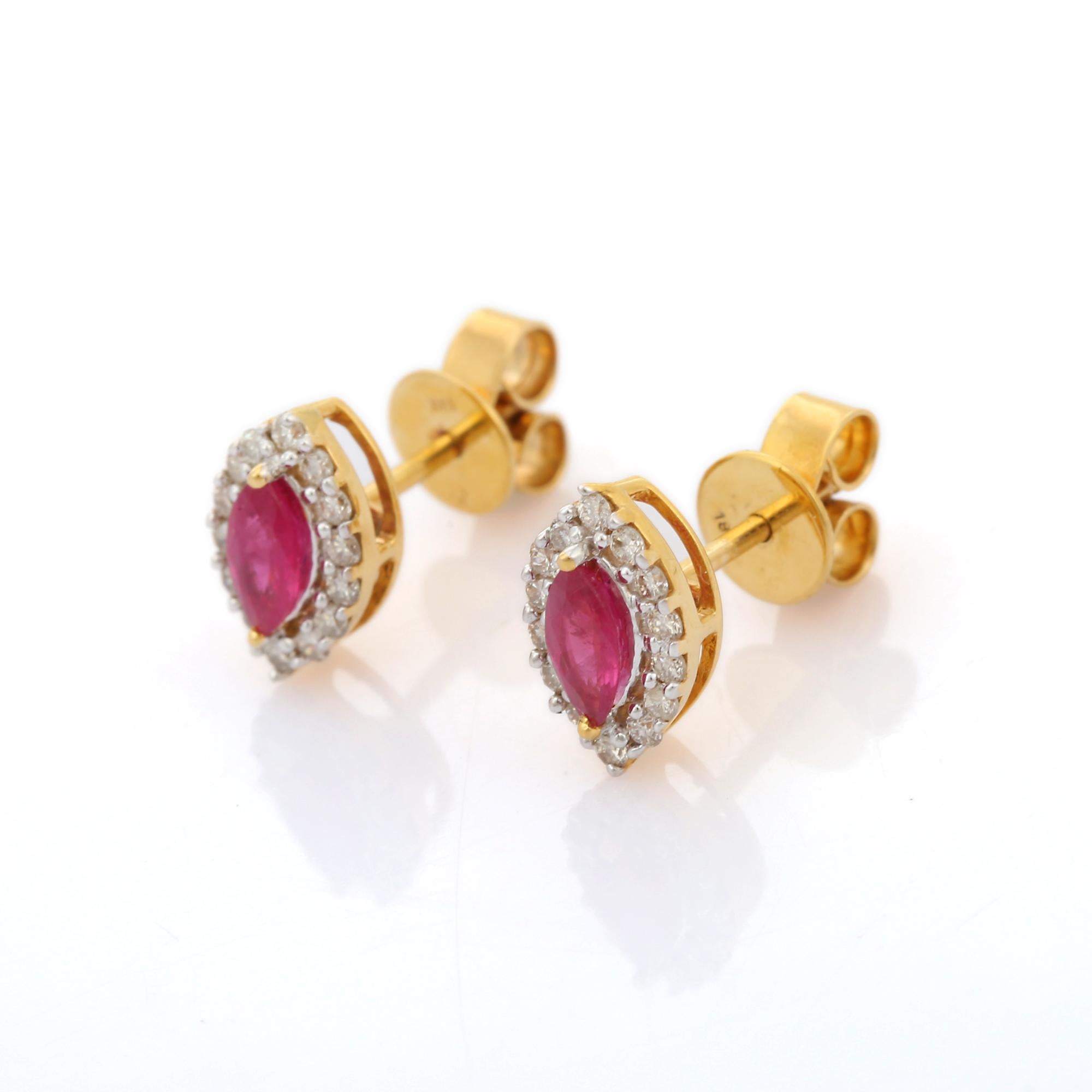 Art Deco 18K Yellow Gold Marquise Ruby Gemstone and Halo Diamond Stud Earrings For Sale