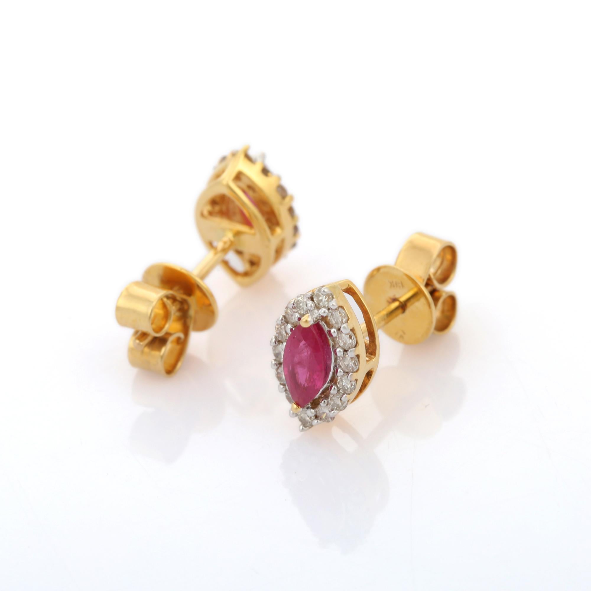 Marquise Cut 18K Yellow Gold Marquise Ruby Gemstone and Halo Diamond Stud Earrings For Sale