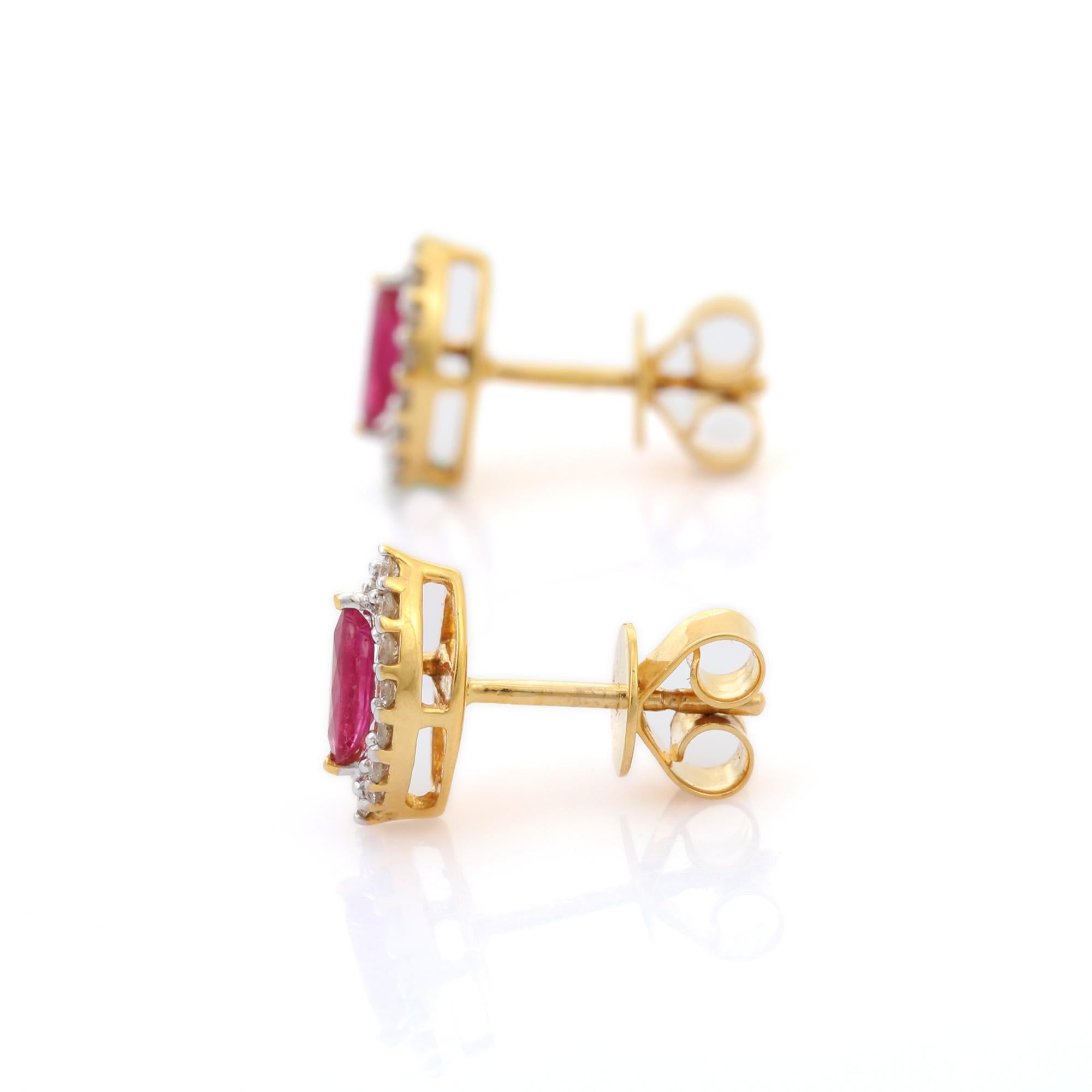 18K Yellow Gold Marquise Ruby Gemstone and Halo Diamond Stud Earrings In New Condition In Houston, TX