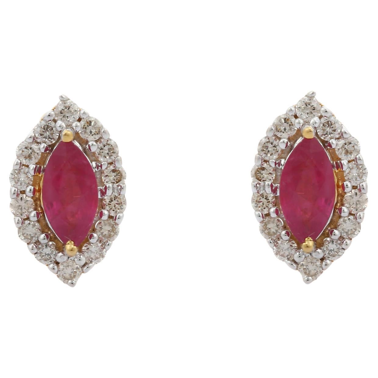 18K Yellow Gold Marquise Ruby Gemstone and Halo Diamond Stud Earrings For Sale