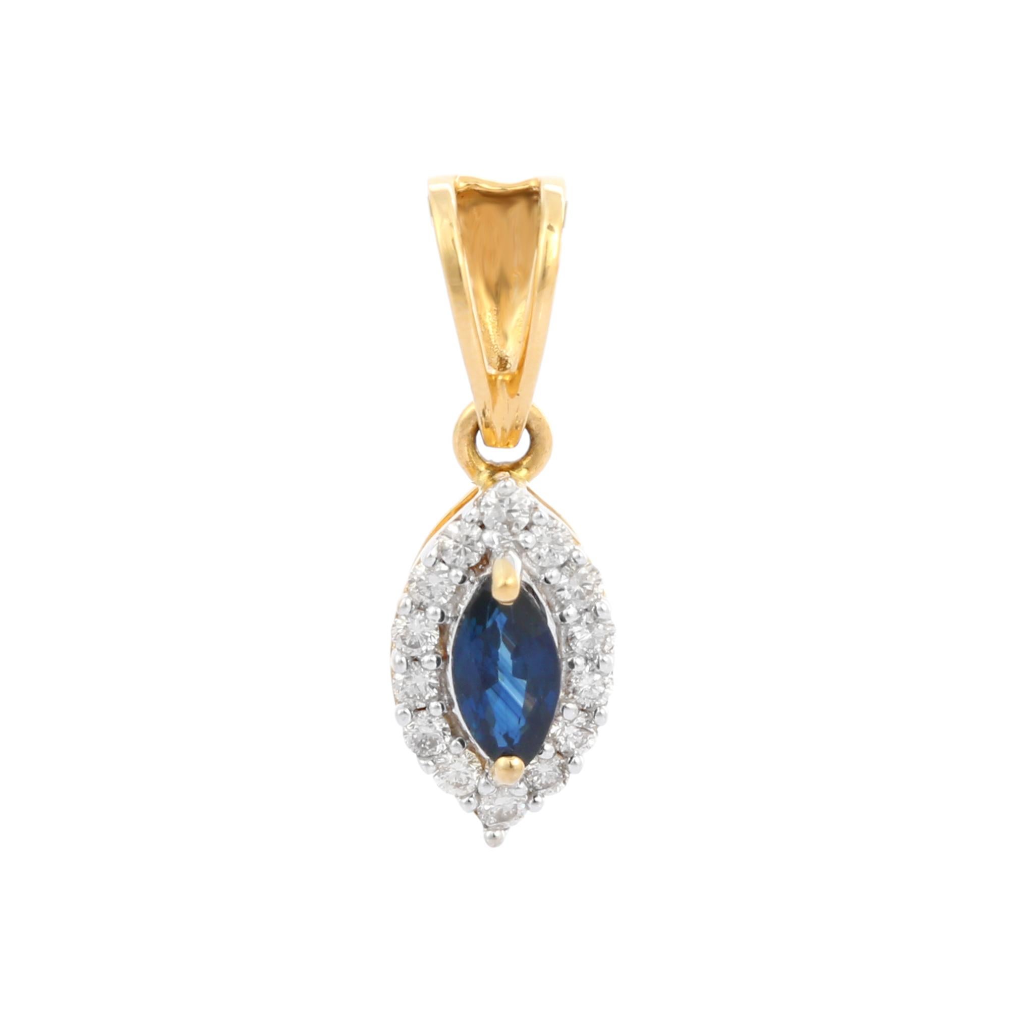 Modern 18K Yellow Gold Marquise Shape Blue Sapphire Diamond Pendant For Sale