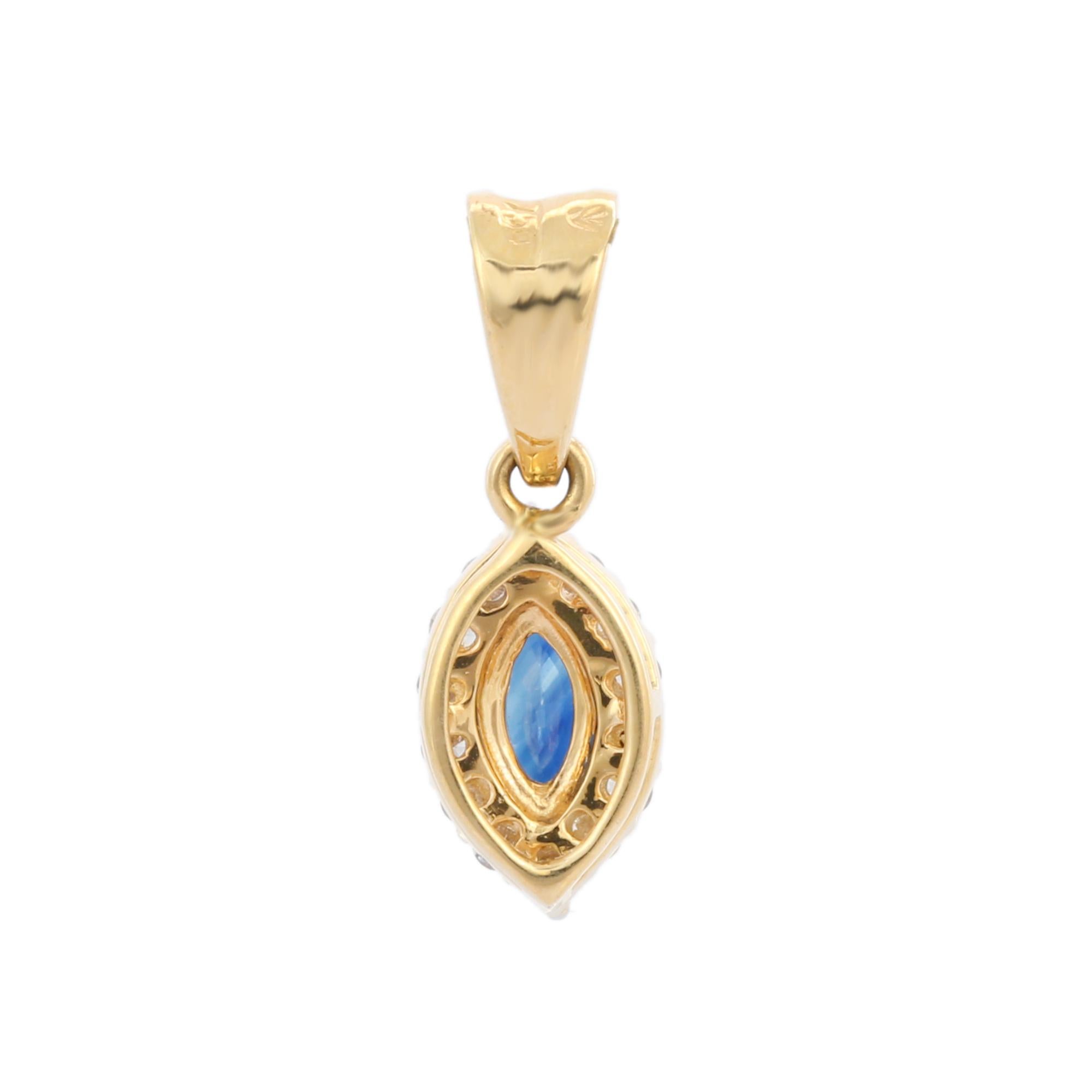 Marquise Cut 18K Yellow Gold Marquise Shape Blue Sapphire Diamond Pendant For Sale