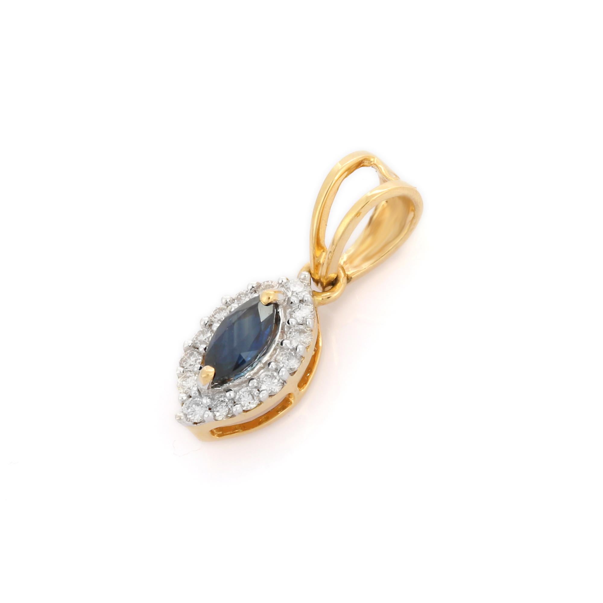 18K Yellow Gold Marquise Shape Blue Sapphire Diamond Pendant In New Condition For Sale In Houston, TX