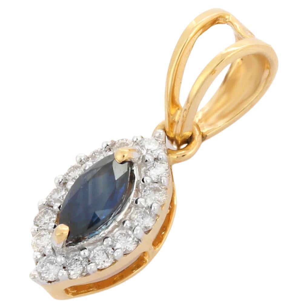18K Yellow Gold Marquise Shape Blue Sapphire Diamond Pendant