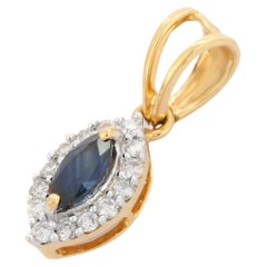 18K Yellow Gold Marquise Shape Blue Sapphire Diamond Pendant