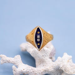 18K Yellow Gold Marquise Signet Ring – Vintage Stars, Flowers, Enamel, Diamonds