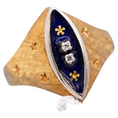 18K Yellow Gold Marquise Signet Ring – Vintage Stars, Flowers, Enamel, Diamonds