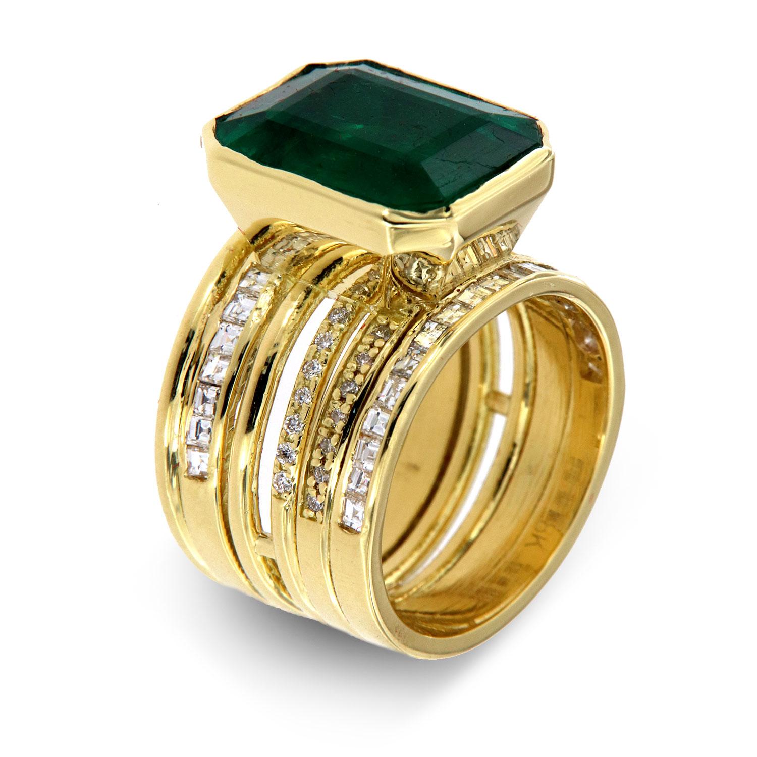Wear Art every day! This stunning 18K Yellow Gold Hand-Crafted ring features Twenty Five (25) perfectly square Carre shaped diamonds channel set and Twenty Eight (28) round brilliant diamond pave set. We alternate round wire shanks with flat shanks