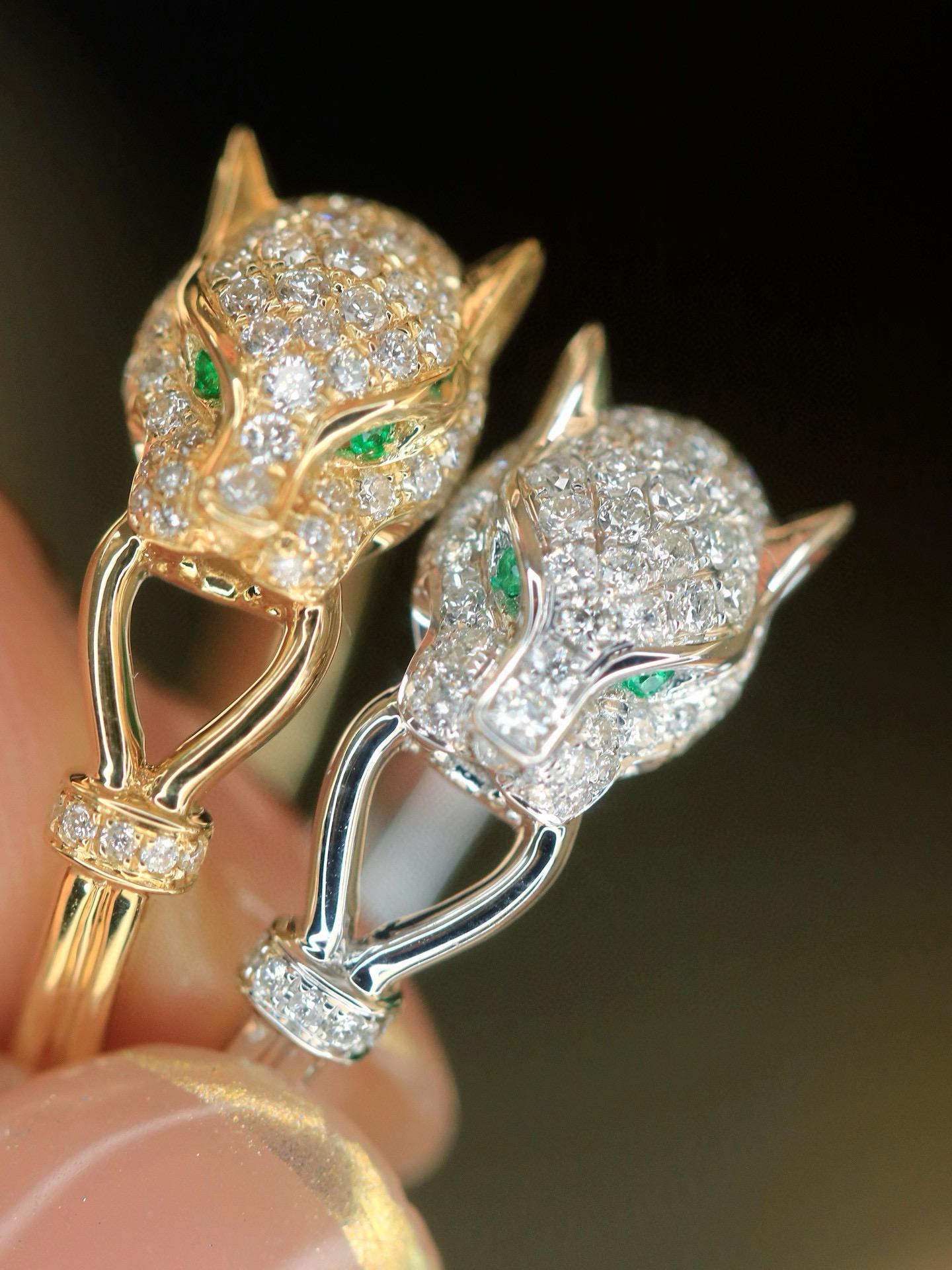 Emerald Cut 18k Gold Leopard Cocktail Ring with Diamonds & Premium Emerald For Sale