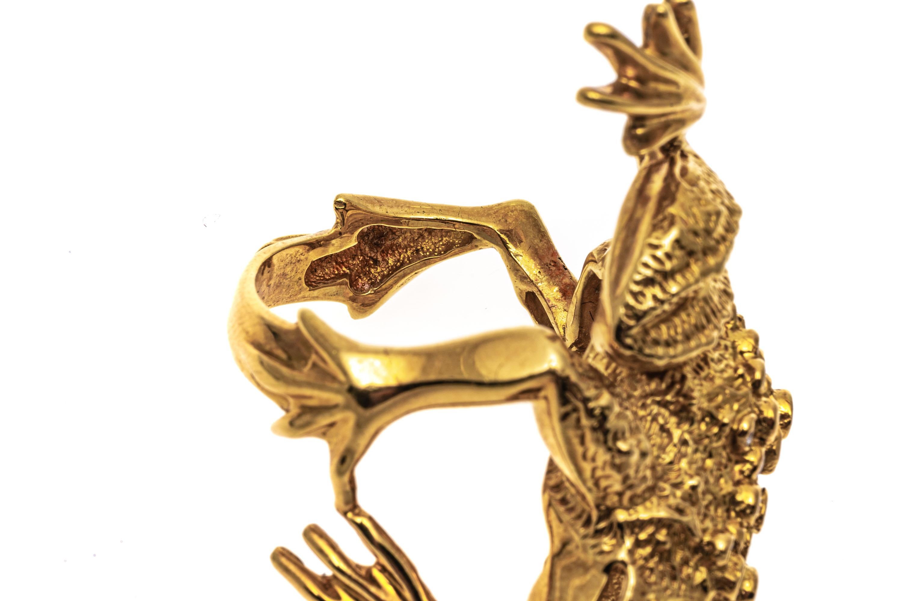 Contemporary 18k Yellow Gold Matte Figural Frog Ring with Bezel Set Diamonds