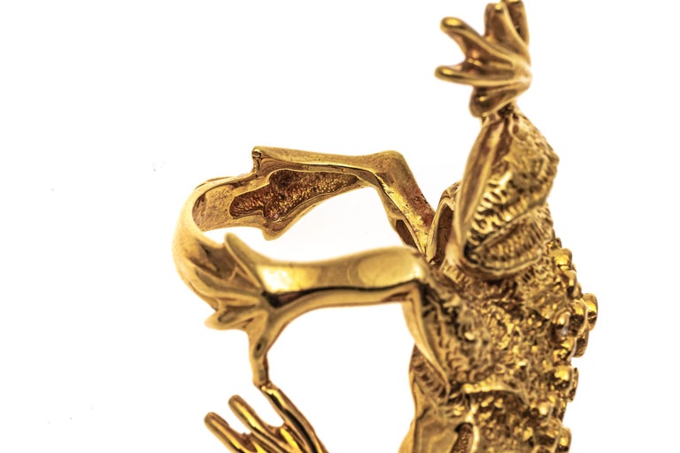 Women's 18k Yellow Gold Matte Figural Frog Ring with Bezel Set Diamonds For Sale