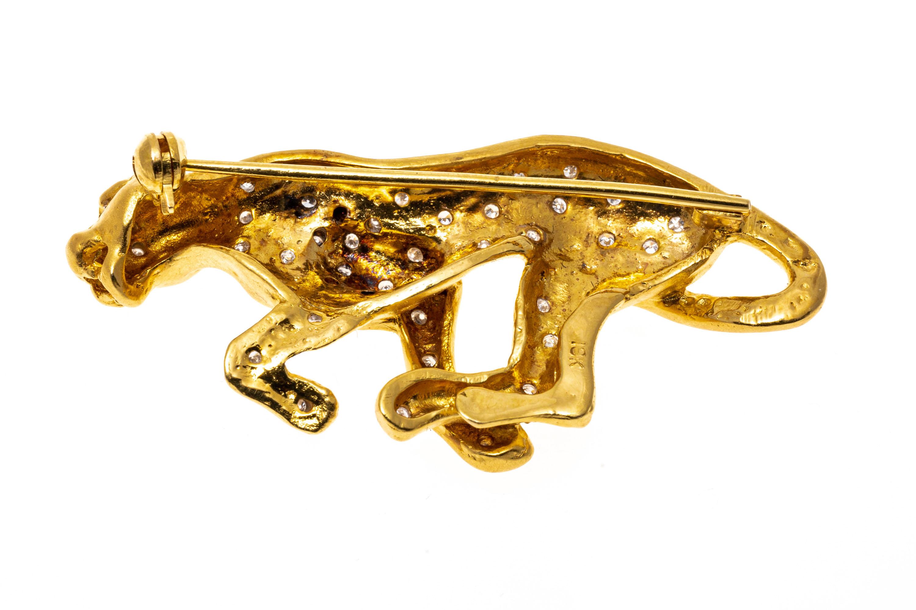 Contemporary 18k Yellow Gold Matte Finished Figural Diamond Set Leopard Brooch, App. 0.49 TCW For Sale