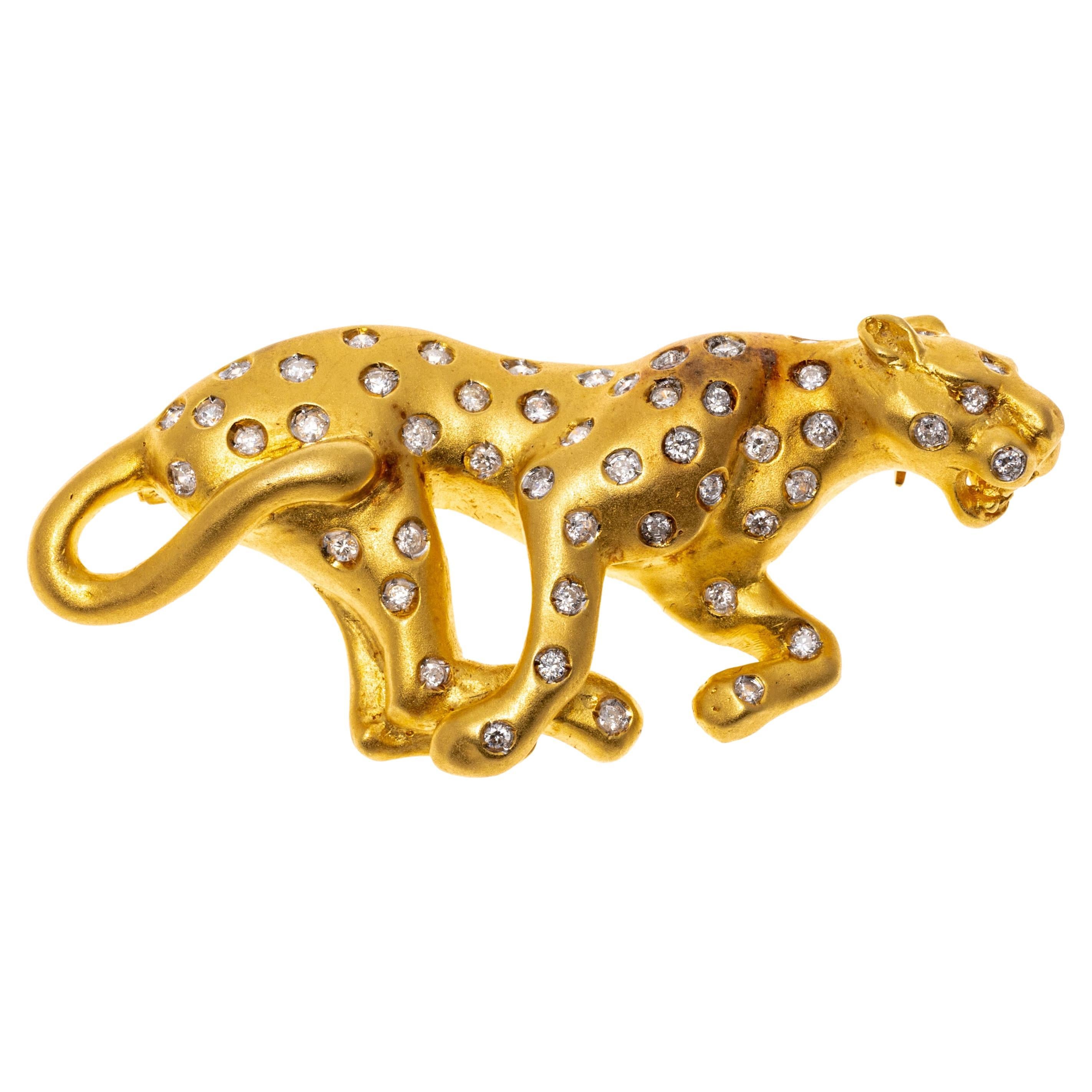 18k Yellow Gold Matte Finished Figural Diamond Set Leopard Brooch, App. 0.49 TCW