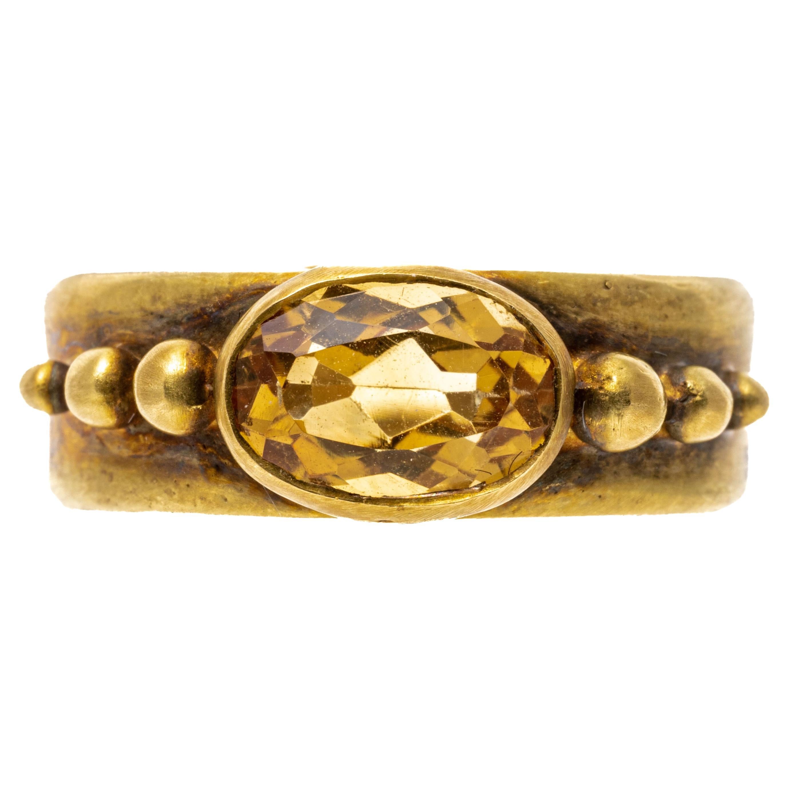 18k Yellow Gold Matte Wide Band Ring with Bezel Citrine