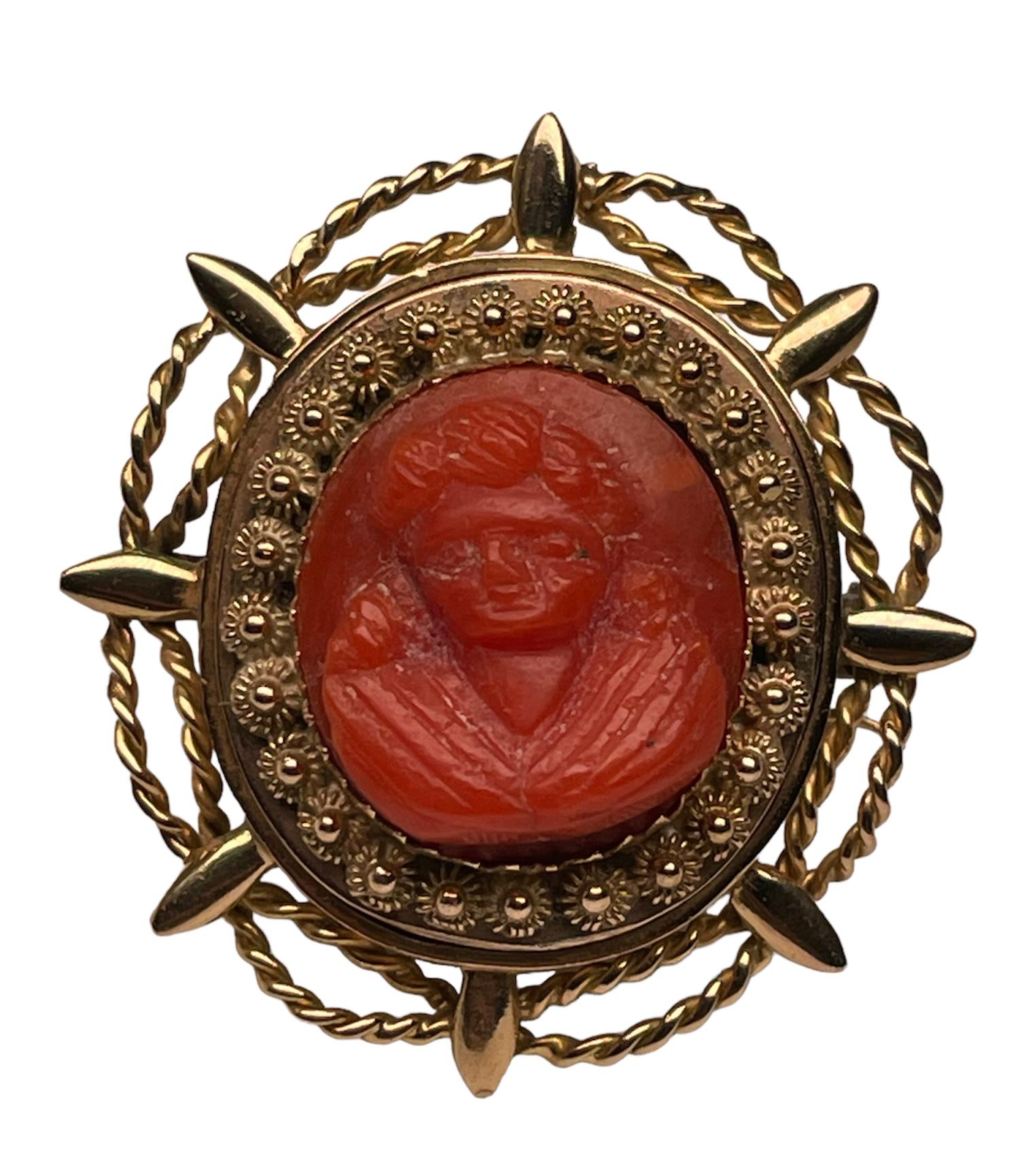 18k Yellow Gold Mediterranean Coral Cameo Brooch Pendant For Sale 5