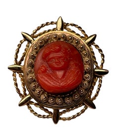 18k Yellow Gold Mediterranean Coral Cameo Brooch Pendant