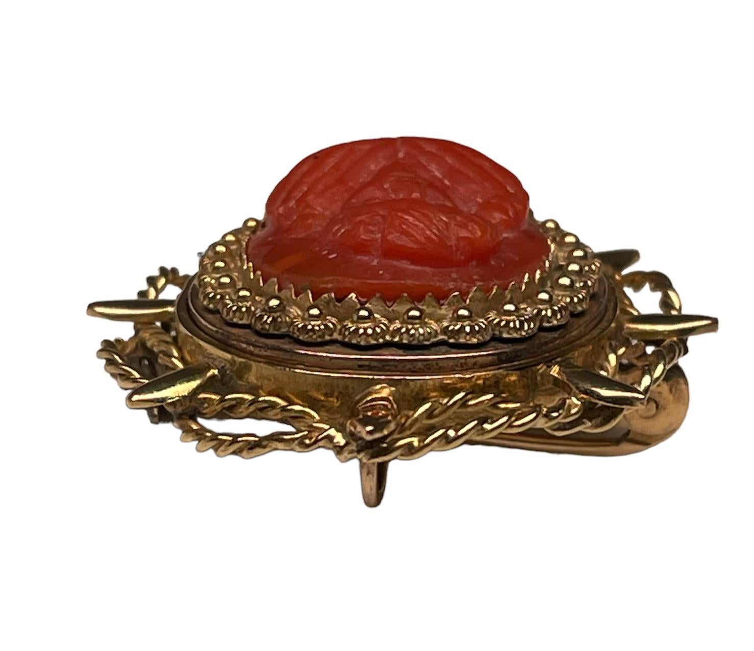 Women's or Men's 18k Yellow Gold Mediterranean Coral Cameo Brooch Pendant For Sale