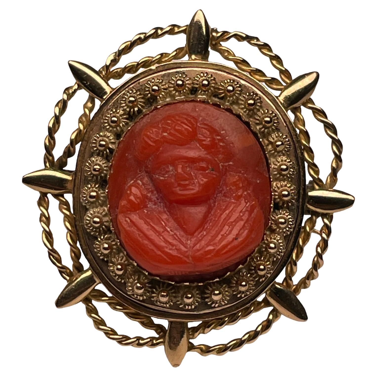 18k Yellow Gold Mediterranean Coral Cameo Brooch Pendant For Sale