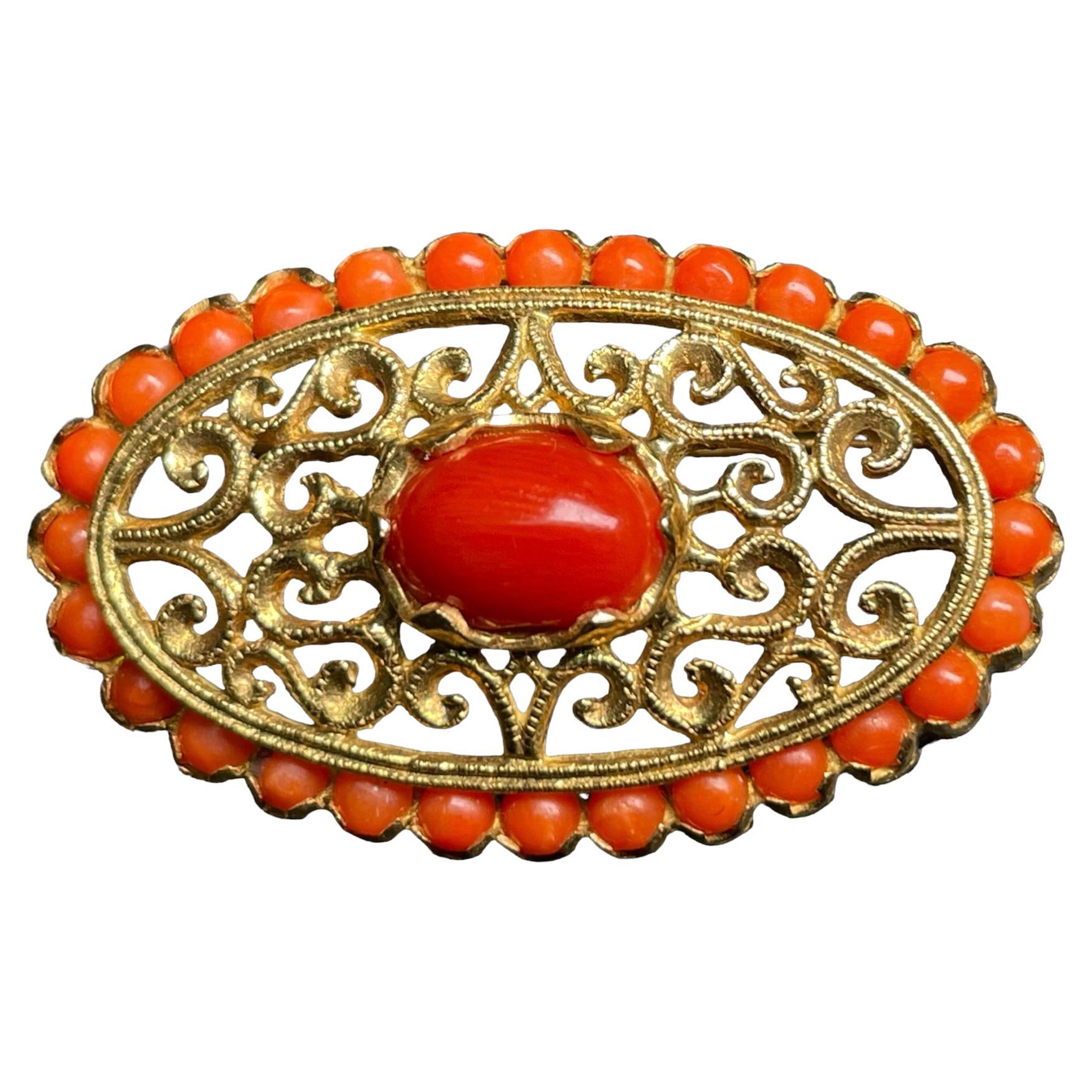 18k Yellow Gold Mediterranean Coral Oval Brooch For Sale