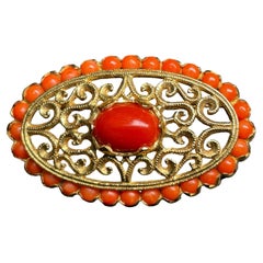 18k Yellow Gold Mediterranean Coral Oval Brooch