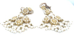 18k Yellow Gold Melee Diamond and Seed Pearl Chandelier Ear Clips