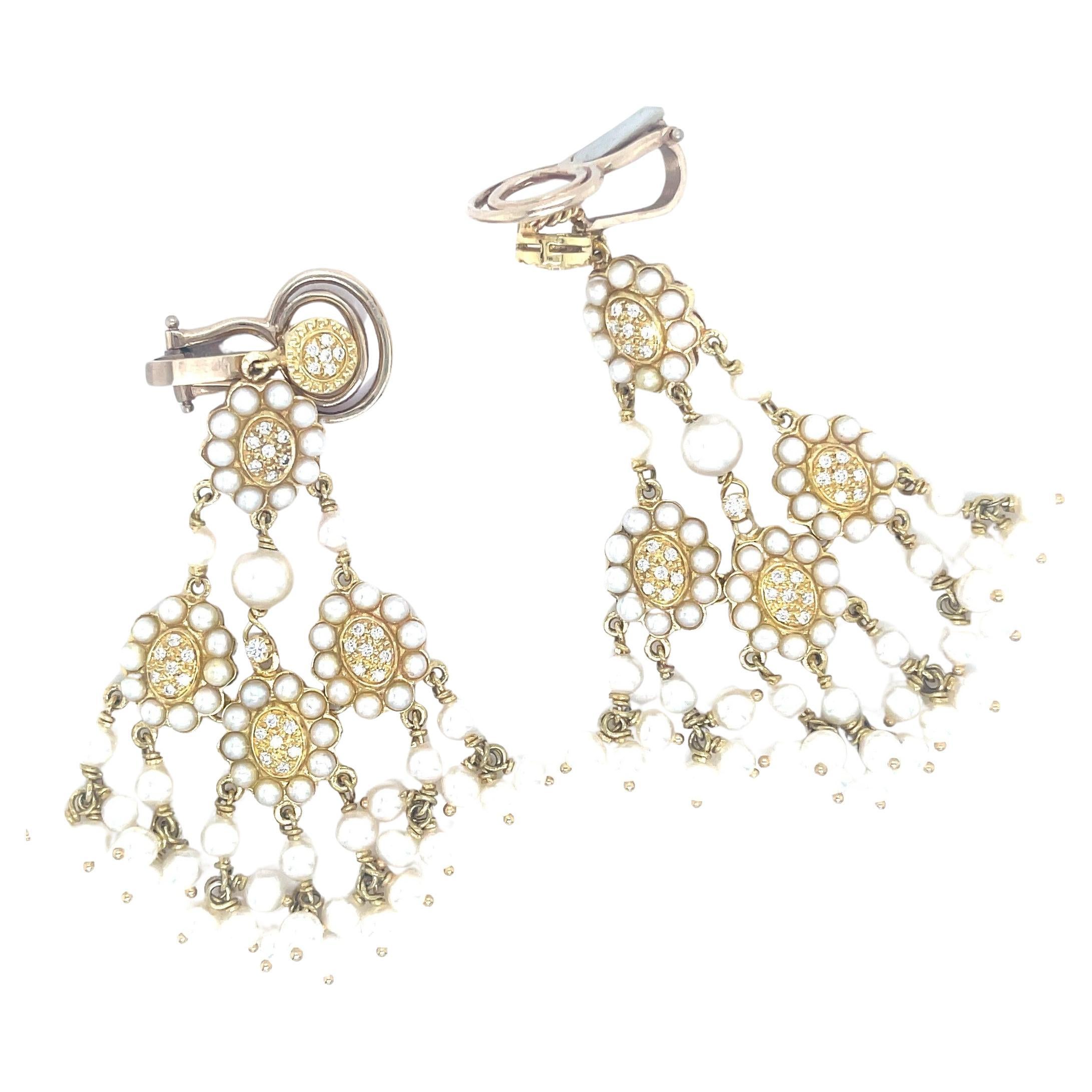 18k Yellow Gold Melee Diamond and Seed Pearl Chandelier Ear Clips