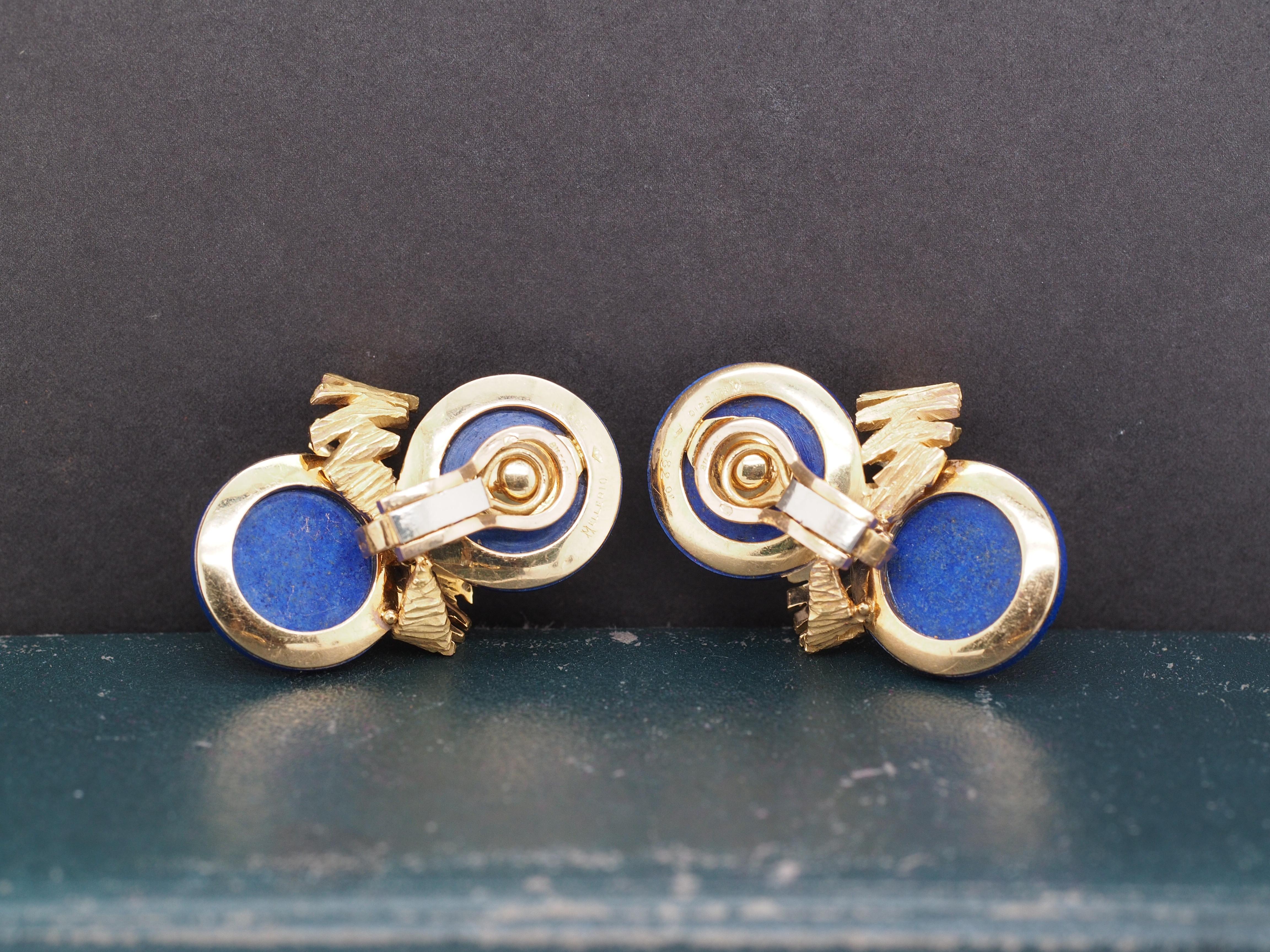 Art Deco 18K Yellow Gold Mellerio 1970s French Lapis Lazuli Earrings For Sale