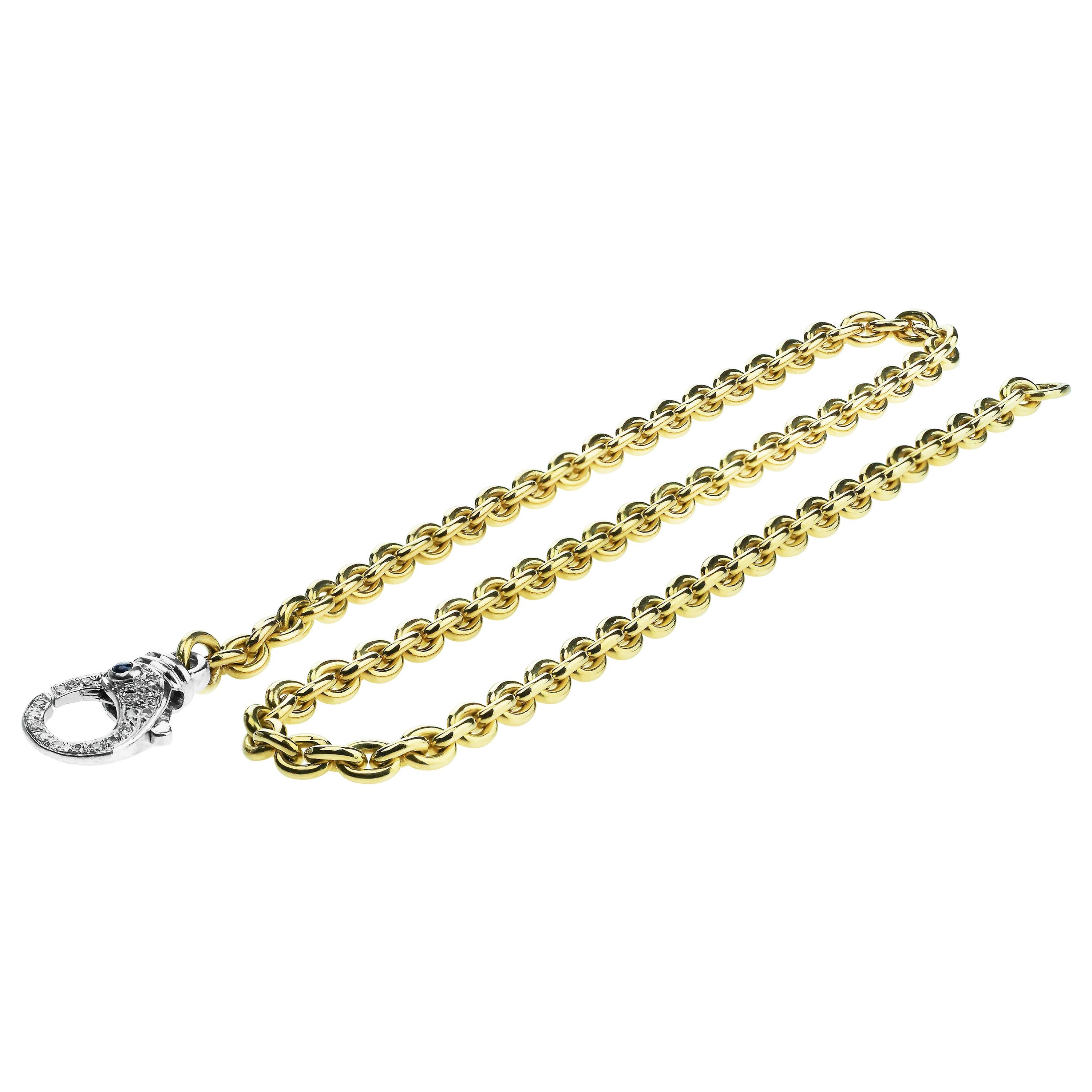 18K Yellow Gold Chain, Solid, Heavy with Diamond & Emerald Clasp