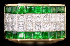 18 Karat Yellow Gold Men’s Princess Cut Diamond and Tsavorite Garnet Ring