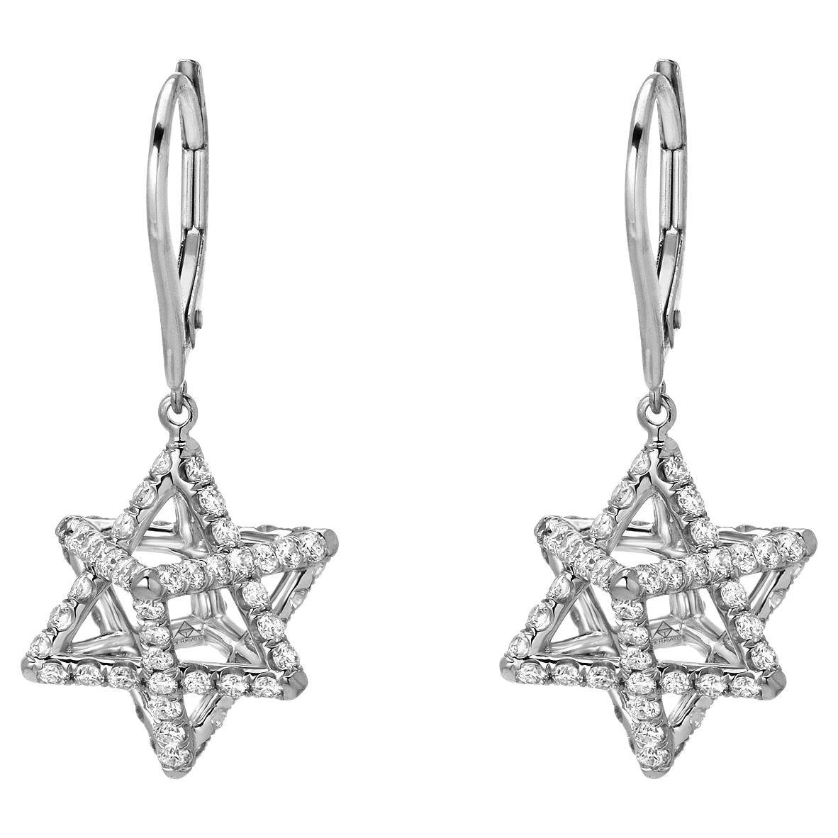 Round Cut 18K Yellow Gold Merkaba Diamond Lever Back Earrings