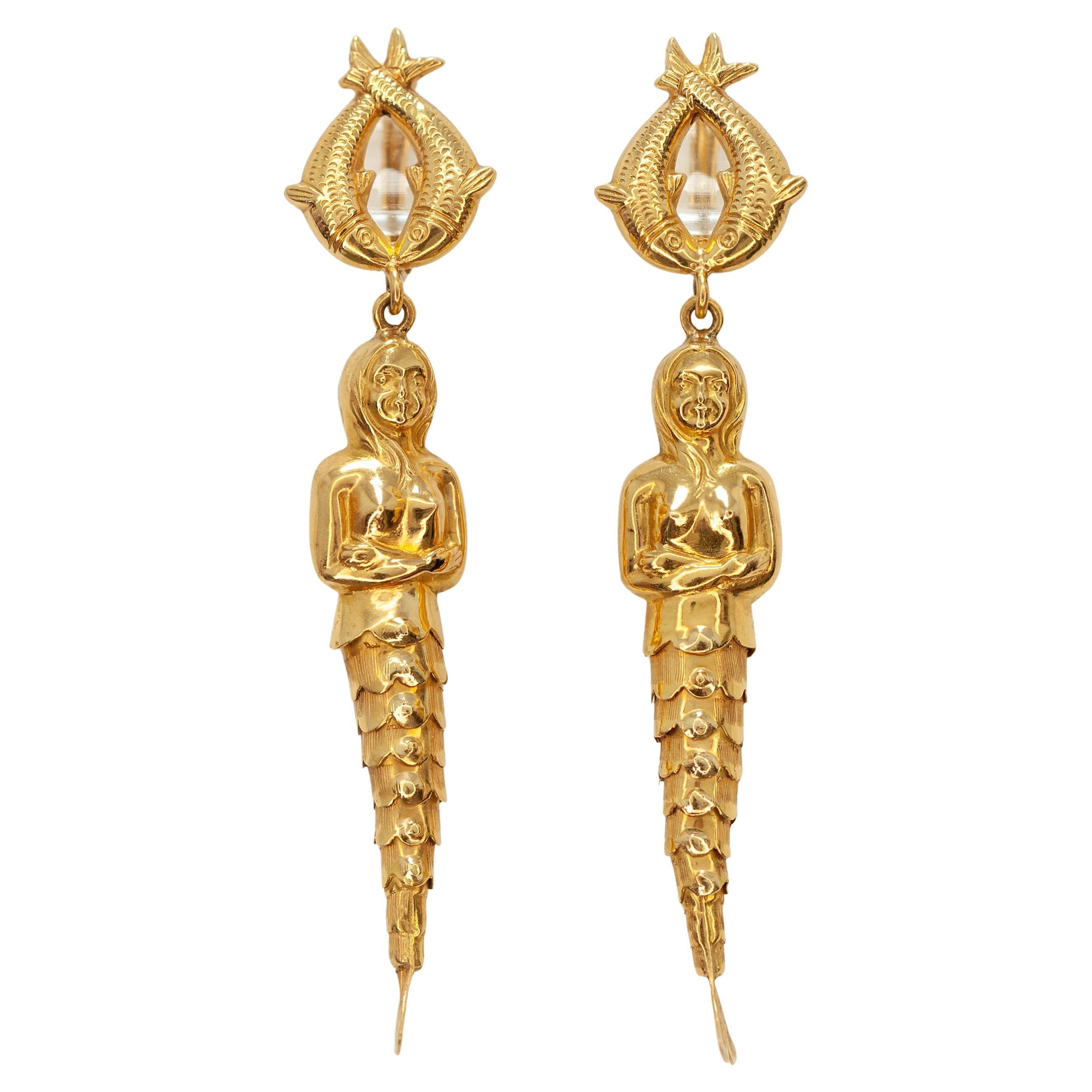 Boucles d'oreilles pendantes sirène et poisson en or jaune 18K c. 1960s