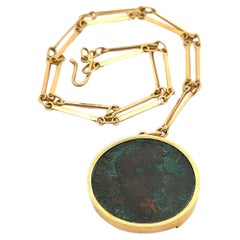 Antique 18k Yellow Gold 
Metal Ancient Roman Large Coin Pendant 18" Bar Link Necklace