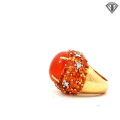 18K Yellow Gold Mexican Fire Opal Cocktail Ring Orange Sapphire Halo