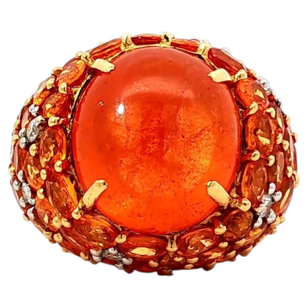18K Yellow Gold Mexican Fire Opal Cocktail Ring Orange Sapphire Halo