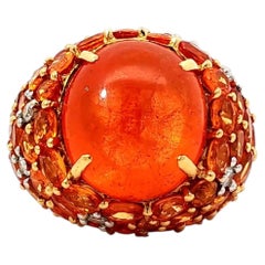 18K Yellow Gold Mexican Fire Opal Cocktail Ring Orange Sapphire Halo
