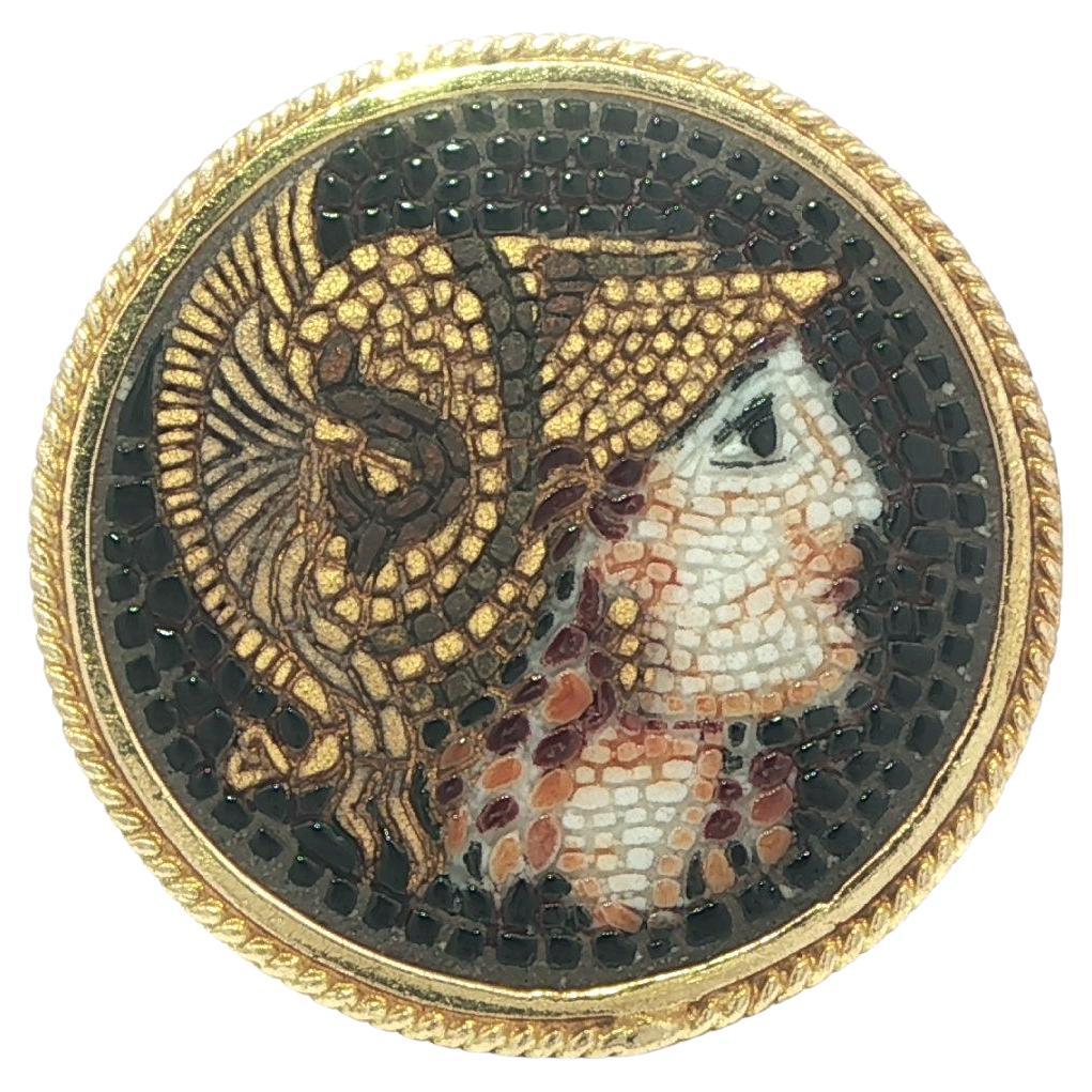 18k Yellow Gold Micro Mosaic Multi Color Enamel Work Athena Trojan Knight Ring