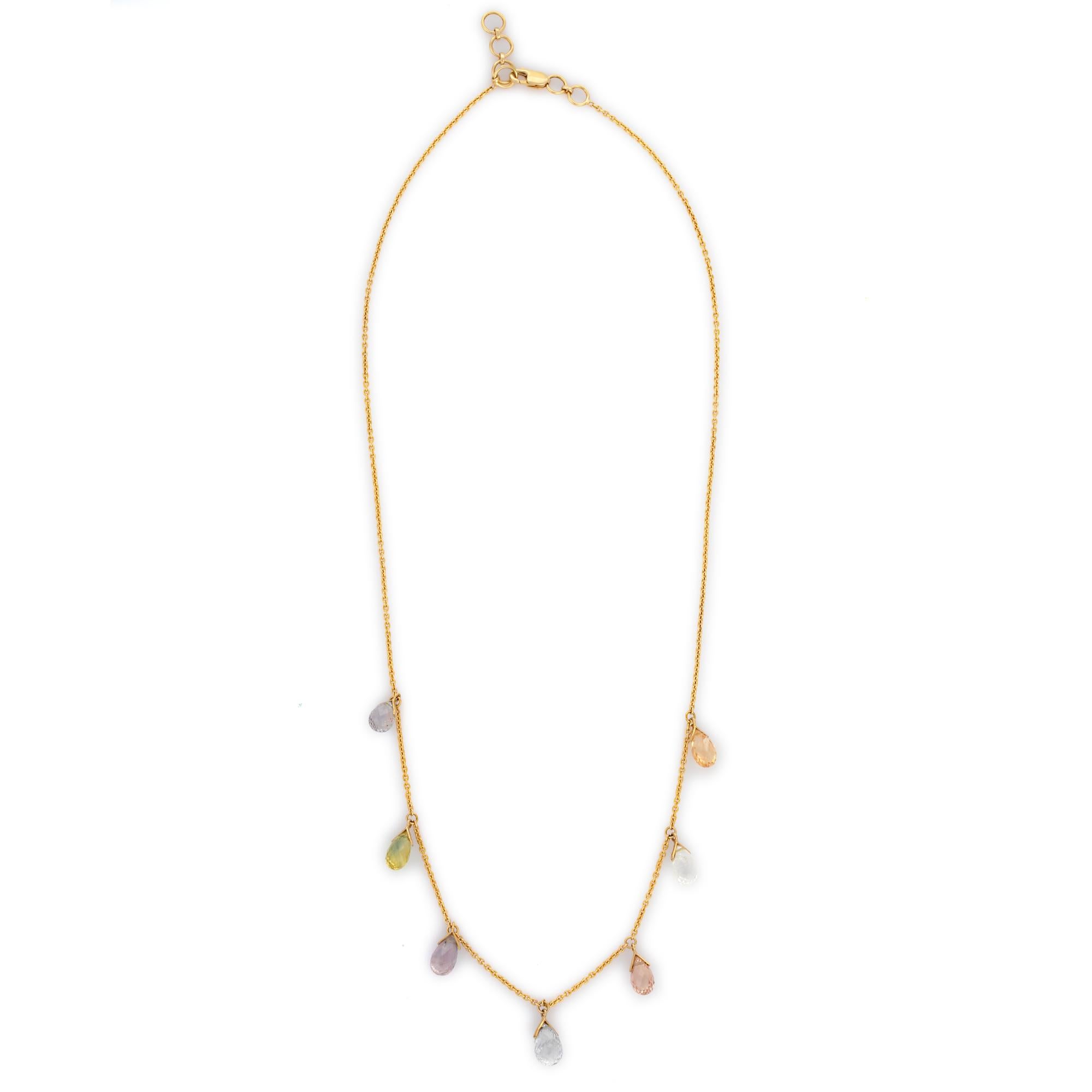 Multi Sapphire Chain Necklace Enhancer in 18K Gold studded with drop cut multi sapphire gemstones.
Accessorize your look with this elegant multi sapphire drop necklace. This stunning piece of jewelry instantly elevates a casual look or dressy