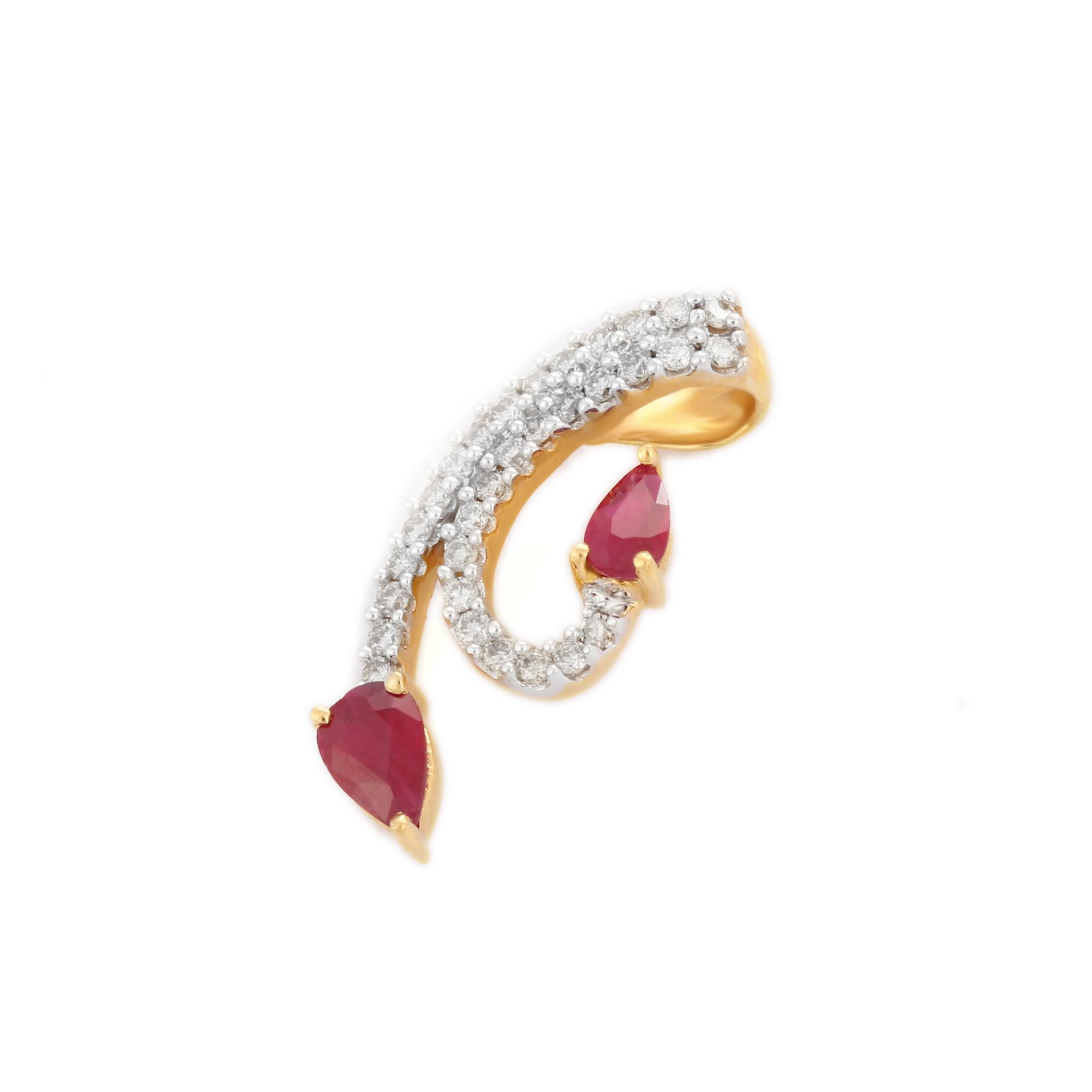 Art nouveau pear cut ruby diamond pendant in 18K Gold. It has a pear cut ruby with diamonds that completes your look with a decent touch. Pendants are used to wear or gifted to represent love and promises. It's an attractive jewelry piece that goes