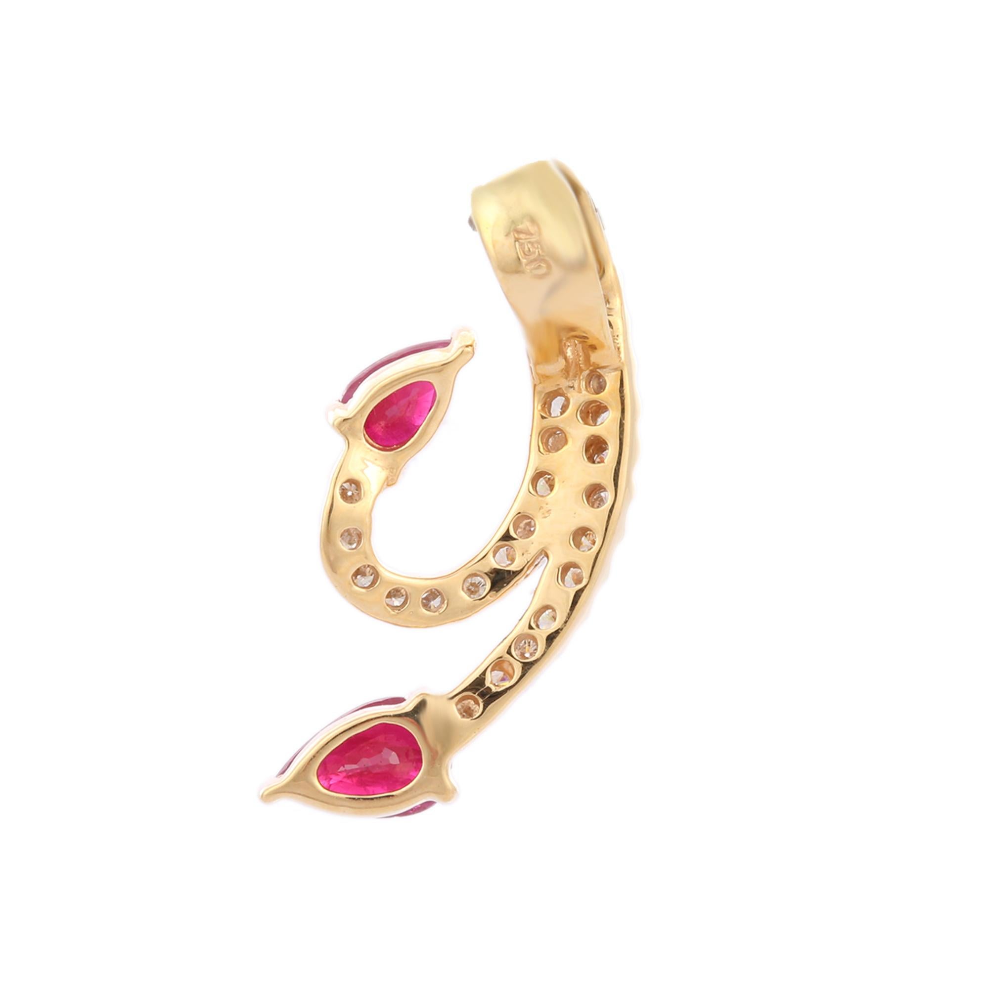 18K Yellow Gold Minimalist Ruby Diamond Pendant Art Nouveau Style Ruby Pendant In New Condition For Sale In Houston, TX