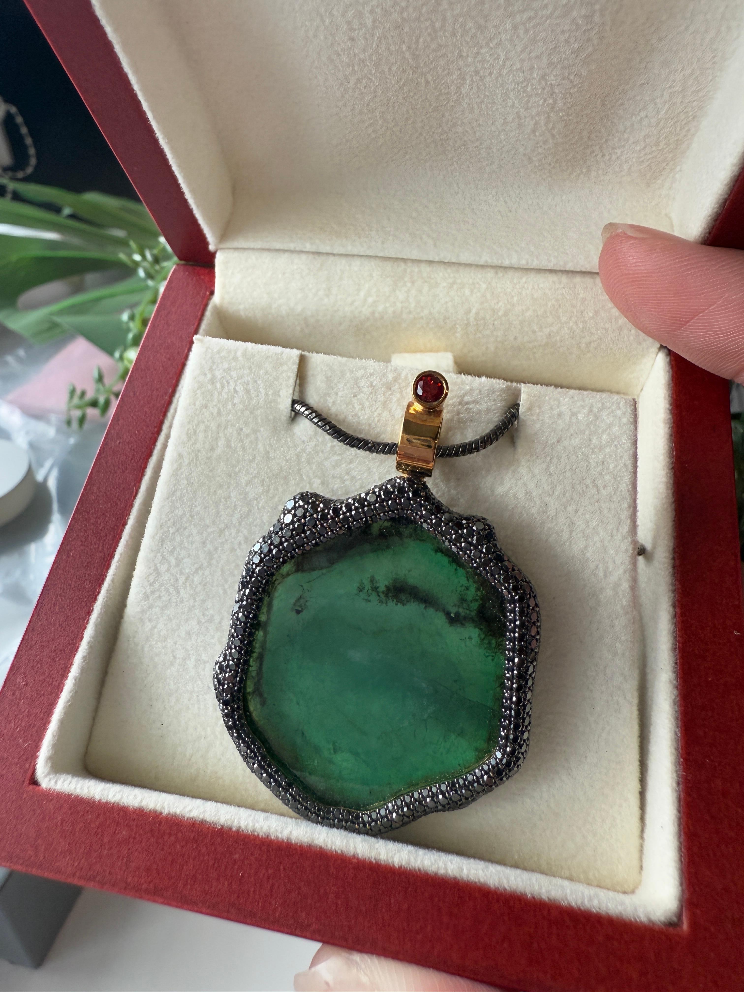 18K Yellow Gold Mirror-Mirror Pendant with Emeralds, Sapphires and Diamonds For Sale 1