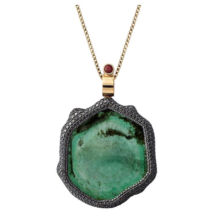 18K Yellow Gold Mirror-Mirror Pendant with Emeralds, Sapphires and Diamonds For Sale