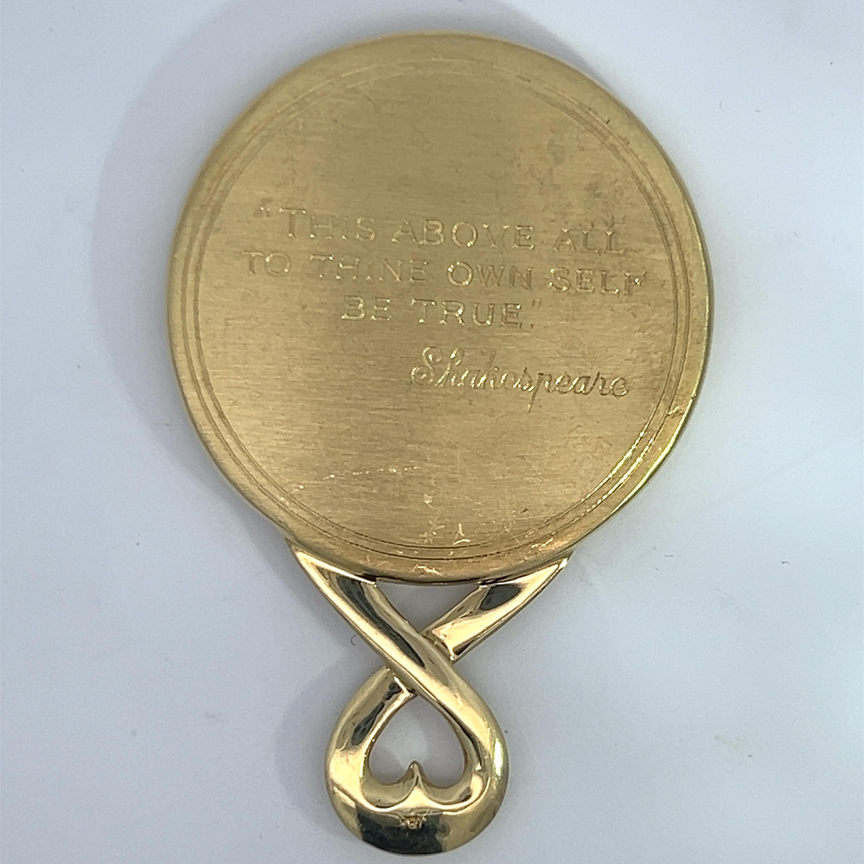 Women's 18k Yellow Gold Mirror Pendant Shakespeare Inscription For Sale
