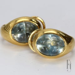 18k Yellow Gold Modified Hoop Earrings with Carved Aquamarine Cabochons