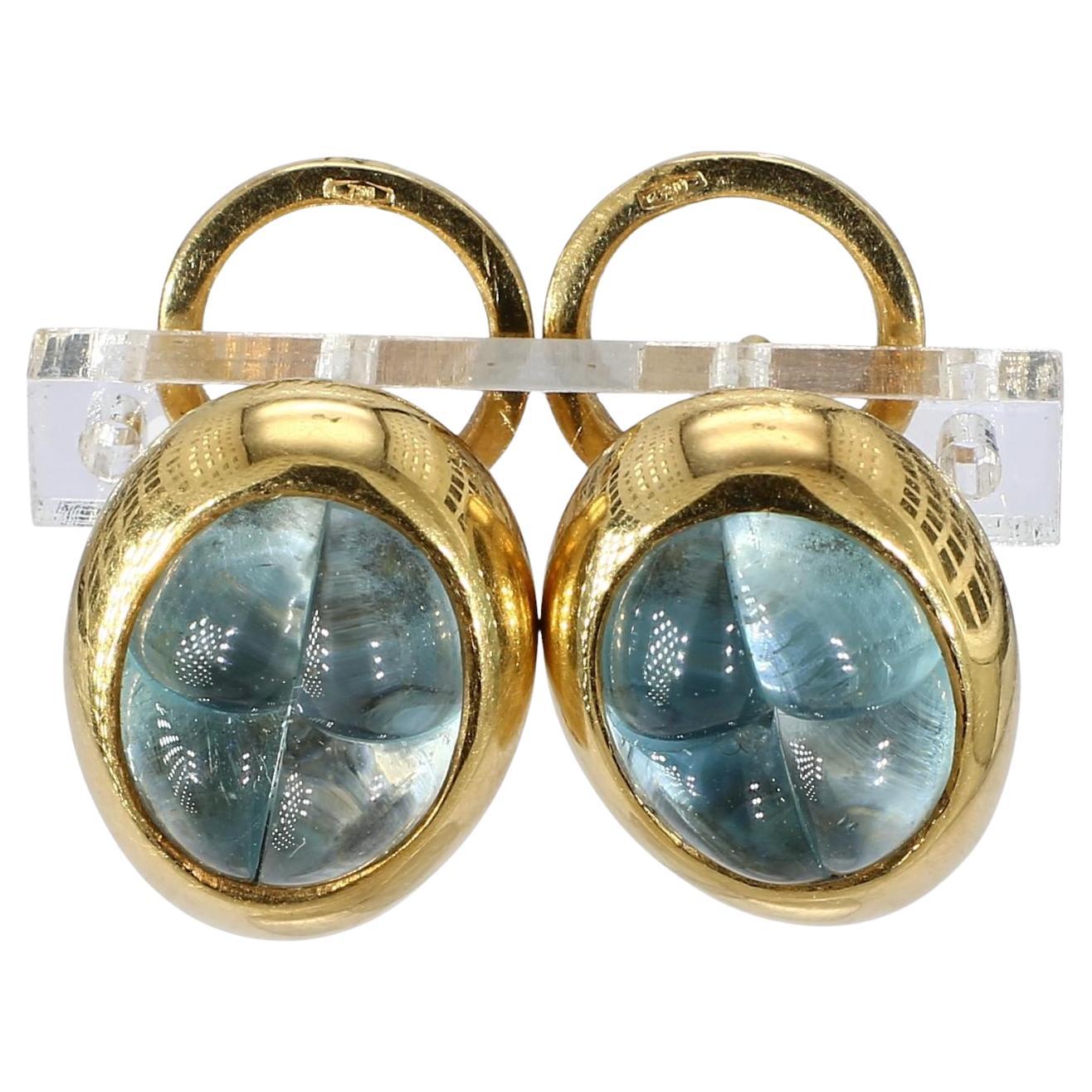 18k Yellow Gold Modified Hoop Earrings with Carved Aquamarine Cabochons